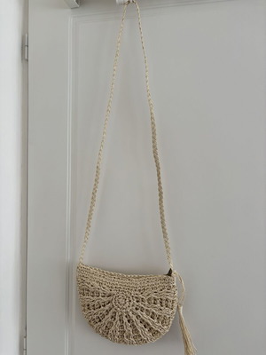 Straw crossbody bag new, beige, semicircular with tassel