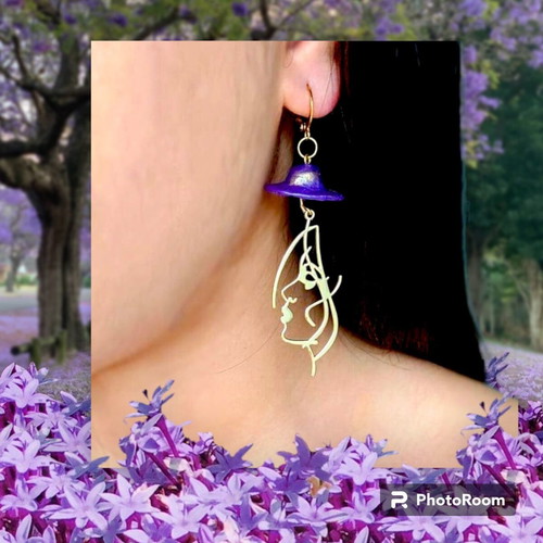 Handmade long dangle earrings with purple hat and gold details