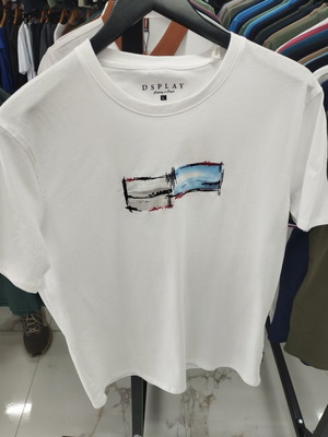 Men's White Short-Sleeve T-Shirt with Sea Landscape Print, New