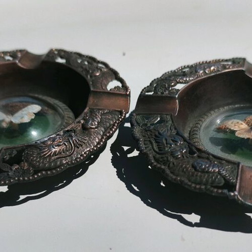 Copper ashtrays used with glass butterfly, 12 cm diameter
