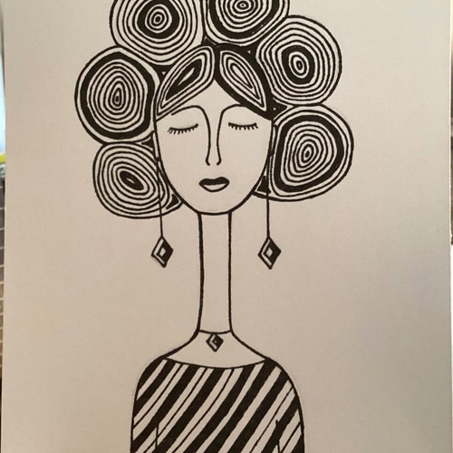 Woman with Curls Original Hand-Drawn Ink Sketch on Acid-Free Watercolor Paper