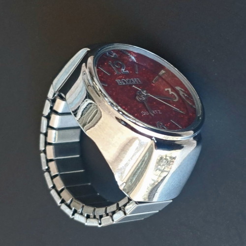 Ring watch quartz with red burgundy glitter dial and silver bracelet like new