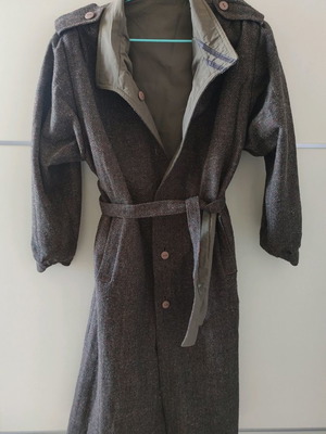 Vintage women's medium double face trench coat used, khaki and herringbone