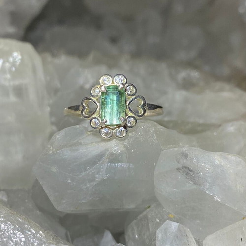 Silver ring with natural green tourmaline and moissanite, new