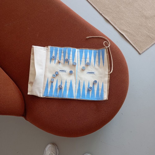 Fabric backgammon roll like new with wooden eye pieces by Samali studio