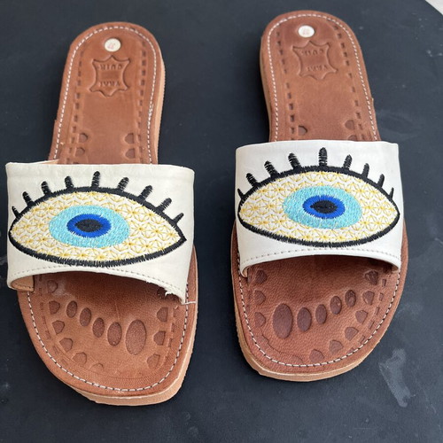 Leather sandals new with embroidered eye design size 37