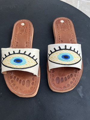 Leather sandals new with embroidered eye design size 37