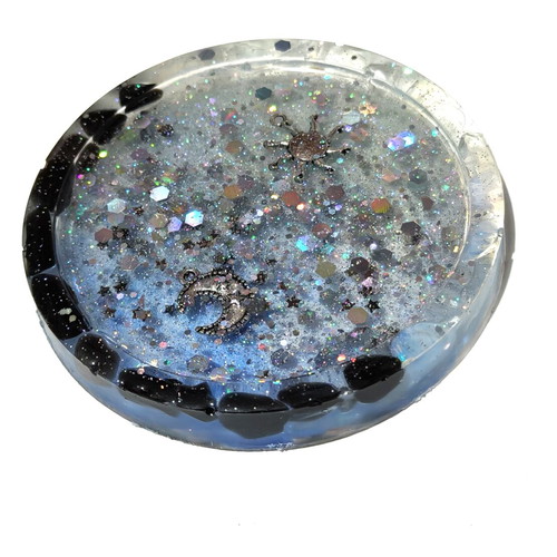 Glittery Sun & Moon Coaster with crystals like new, obsidian and opalites