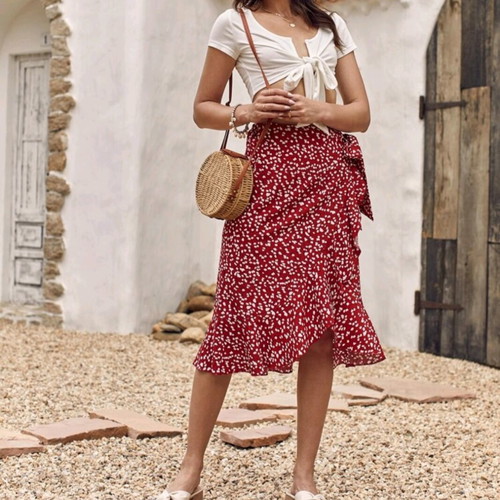 Red Ditsy Floral Side Tie Ruffle Wrap Skirt M 38 like new