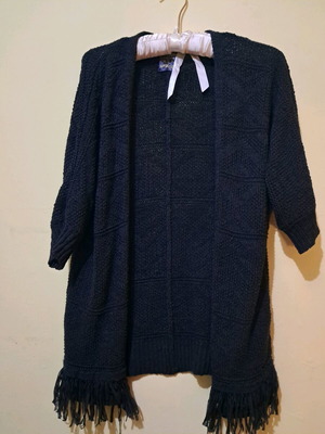 Bershka knitted women's cardigan used, dark blue with 3/4 sleeves and fringes