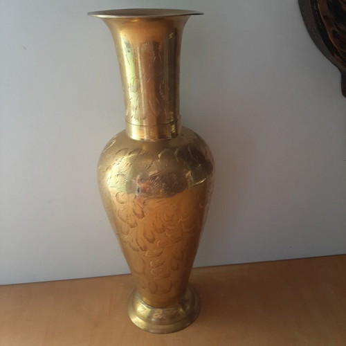 Large vintage brass carved vase like new