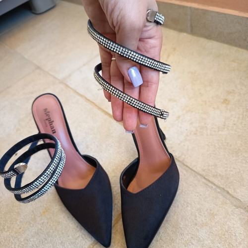 Black high heel shoes with ankle rhinestone straps