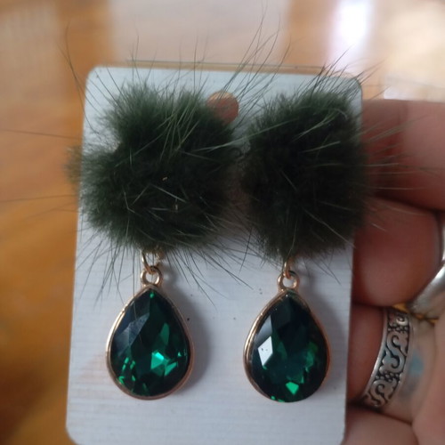 Vintage earrings with emerald green pompoms and teardrop crystals