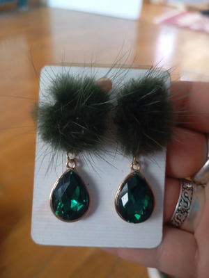 Vintage earrings with emerald green pompoms and teardrop crystals