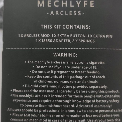 Arcless by Mechlyfe Mechanical Mod black and white resin steel new