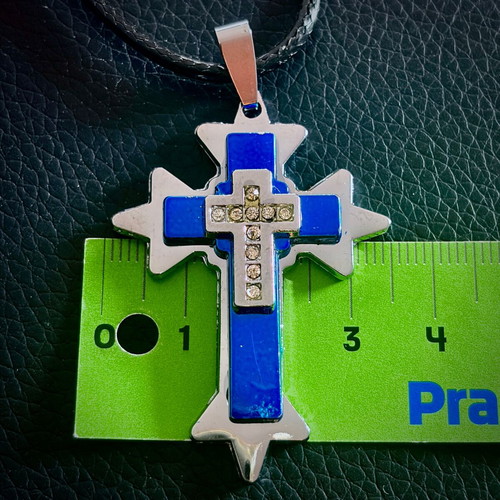 Blue cross pendant with crystals, steel