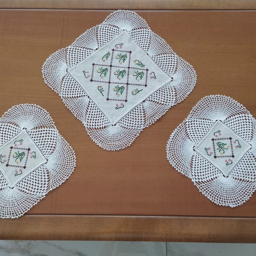 Vintage handmade crochet and embroidered 3-piece bedroom set