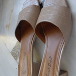 Beige women's mule shoes with low block heel