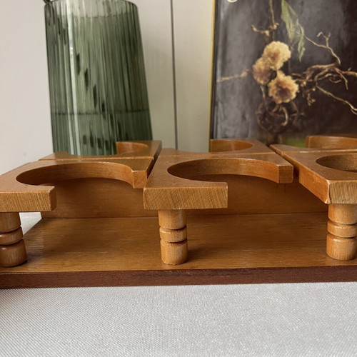 Vintage wooden tray with 6 circular slots, Mid-Century Modern style