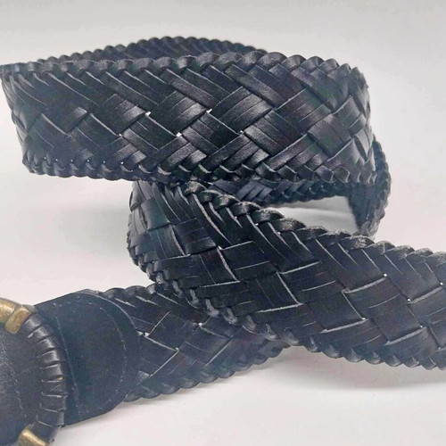 Vintage braided leather belt used, black, with brass buckle