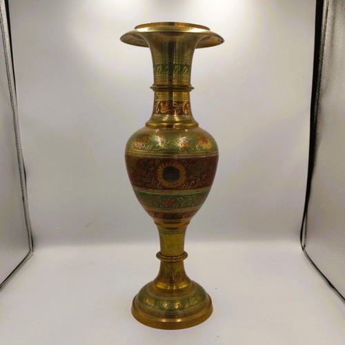 Vintage large 42 cm brass vase handmade with colorful Meenakari enamel like new