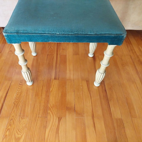 Wooden vintage antique stool 1970, petrol velvet patina
