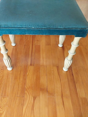 Wooden vintage antique stool 1970, petrol velvet patina