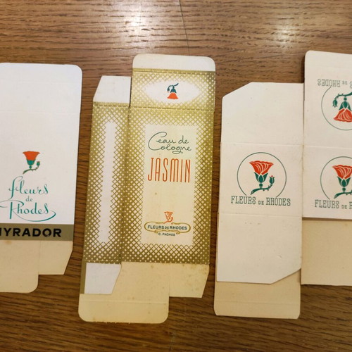 Perfume and cologne boxes Pachos Rhodes 1950s like new, set of 3