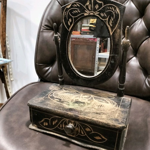 Carved mirror with drawer used, antique item