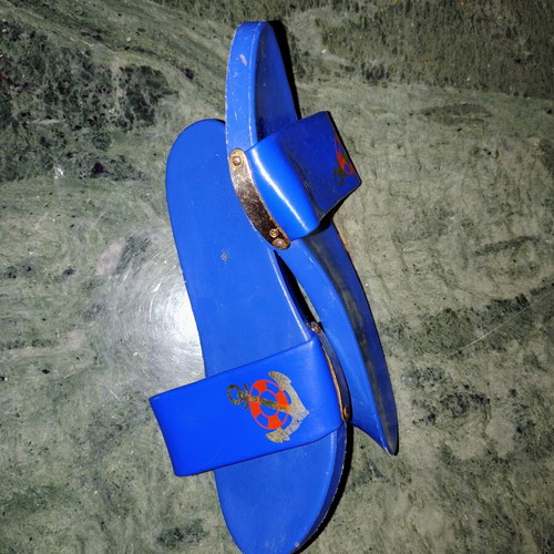 Retro children's wooden clogs used, blue nautical design 1970s
