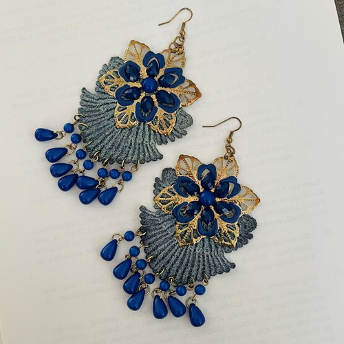 Statement Chandelier Earrings with Royal Blue Beads and Gold Embroidery