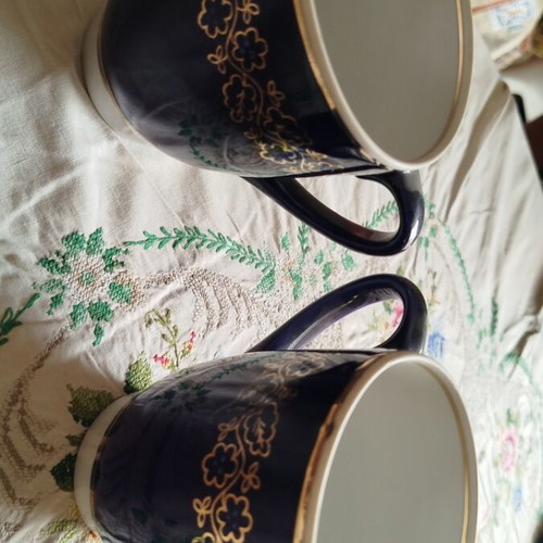 Vintage porcelain mugs with cobalt color and gilded details, Soviet 1940-1960