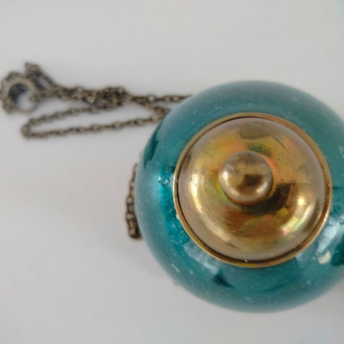 Hanging Oil Lamp Used, Free Blown Glass with Metal Chain
