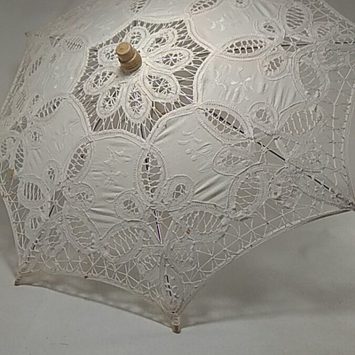 Vintage bridal umbrella used, white Battenberg lace parasol