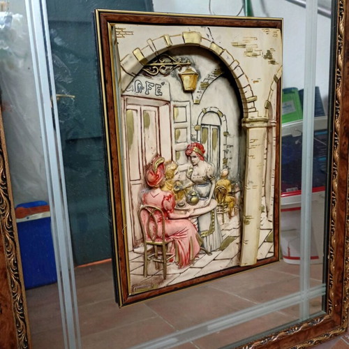 Mirror with plaster decorative scene like new, 50x70