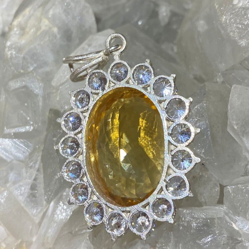 Silver pendant with large cut citrine stone and moissanites, new