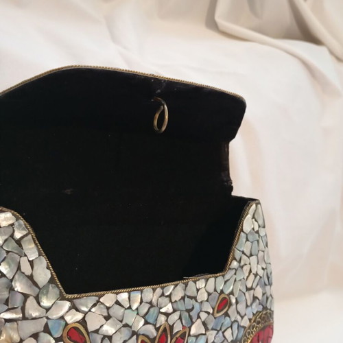 Handmade metal mosaic clutch with mother of pearl and gold chain, like new