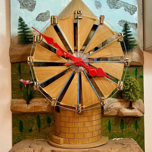 Handmade art wall clock with wooden windmill, unique piece 65 cm