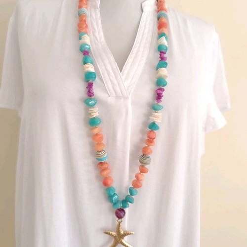 Long summer necklace with starfish, shells & semi-precious stones