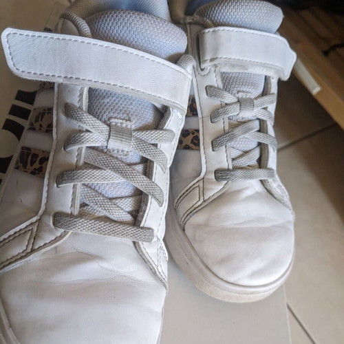Adidas kids athletic shoes used with leopard design size 33 white