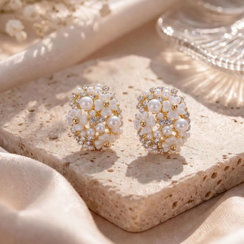 Floral Pearl and Crystal Stud Earrings New, White and Gold
