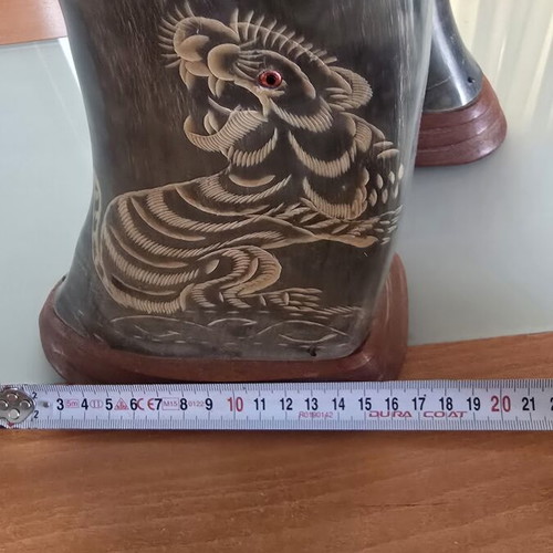 Wooden decorative horns with dragons set of 2 used