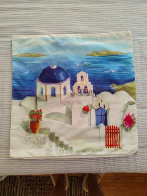 Decorative pillows like new with Santorini landscape print, set of 4
