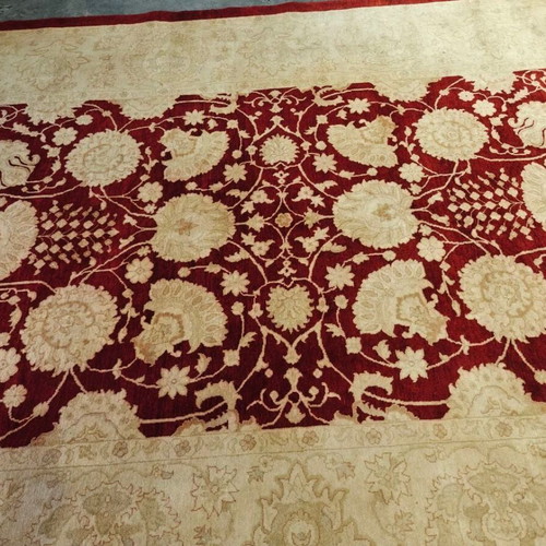 Persian Rug classic style with deep burgundy and beige floral motifs like new