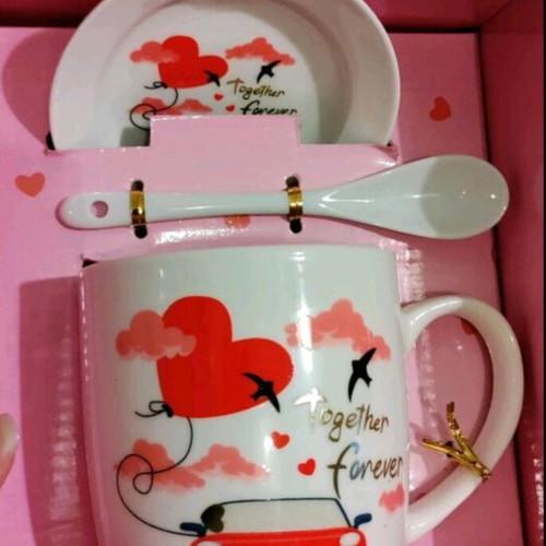 Love ceramic mug set new with spoon and saucer