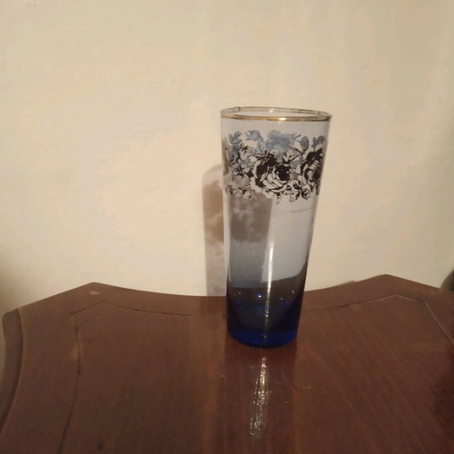 Vintage glasses used, blue with flowers and gold, set of 5