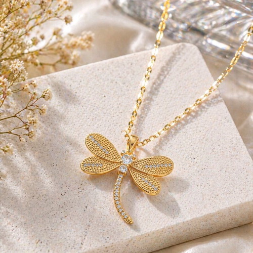 Women's dragonfly necklace gold with zircon new