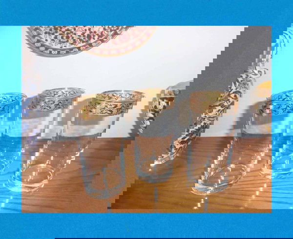 3 Ποτήρια Νερού με Χρυσό Τελείωμα από Φυσητό Γυαλί 6 Χ 14 cm, (Τιμή για Όλα Μαζί).