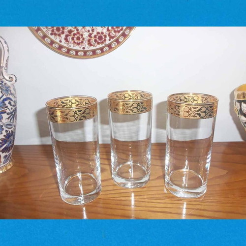 Water glasses used, set of 3, hand-blown glass with gold rim 6x14 cm