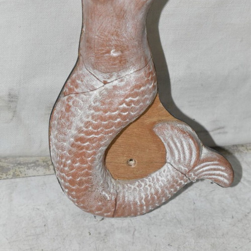 Handmade ceramic mermaid wall decoration used, wooden base 22.5x12 cm